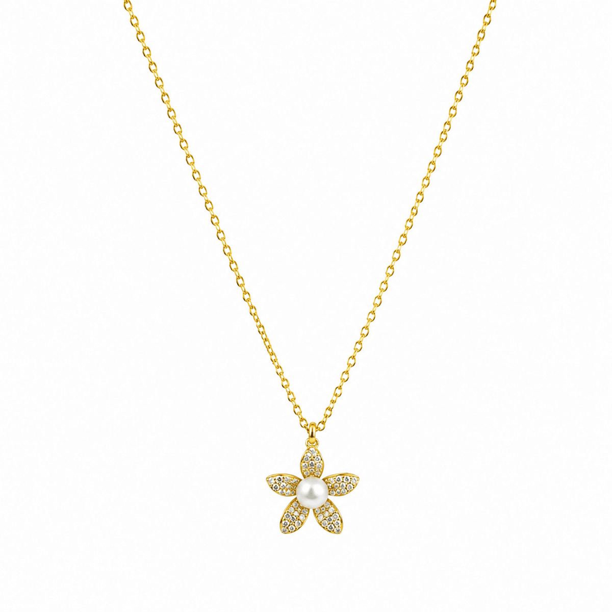 A Silver Pearl & Crystal Flower Pendant| Gold Finish with a central white pearl and small clear stones on each petal.