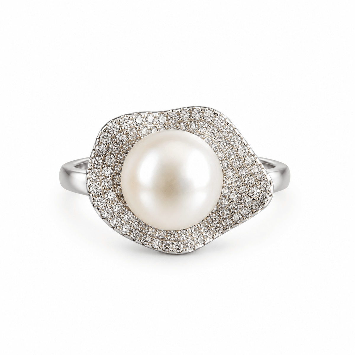 925 Silver Pearl & Zircon Petal Halo Ring