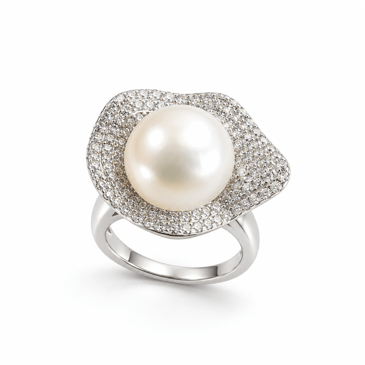 925 Silver Pearl & Zircon Petal Halo Ring