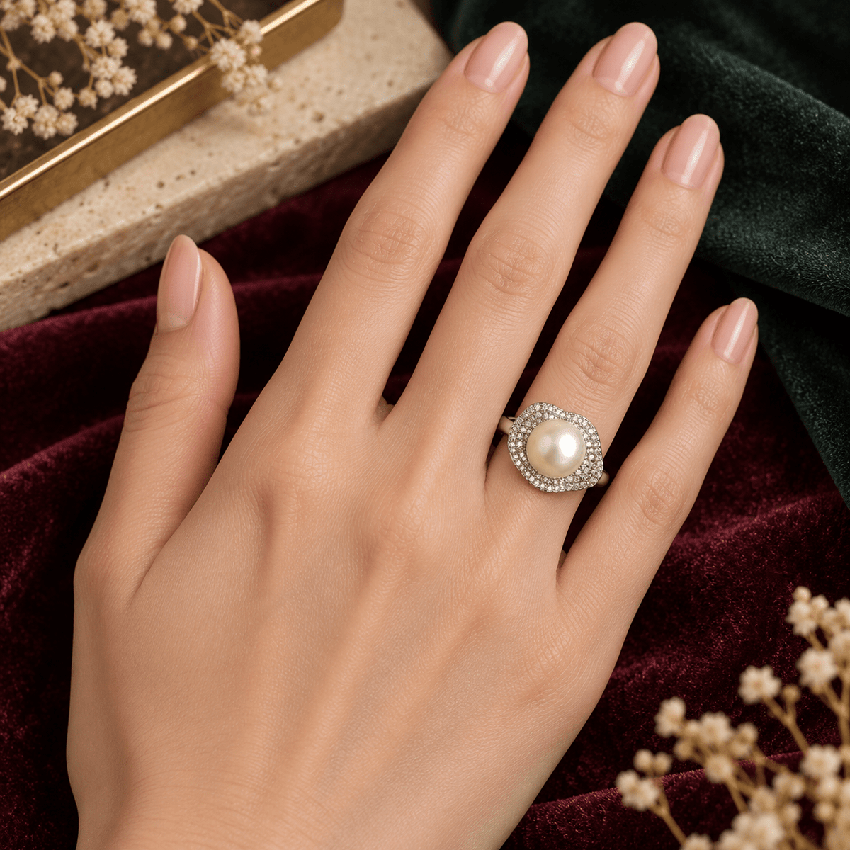A close-up of a hand wearing a 925 Silver Pearl & Zircon Petal Halo Ring