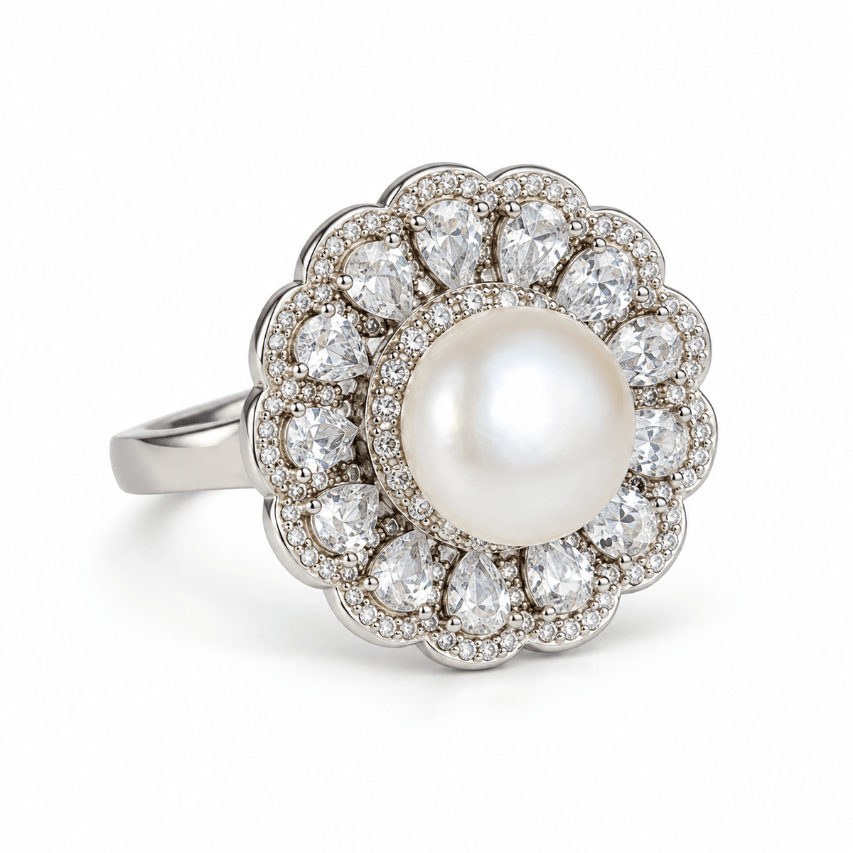 Pearl & Zircon Scalloped Floral 925 Silver Ring - Miraura Jewels