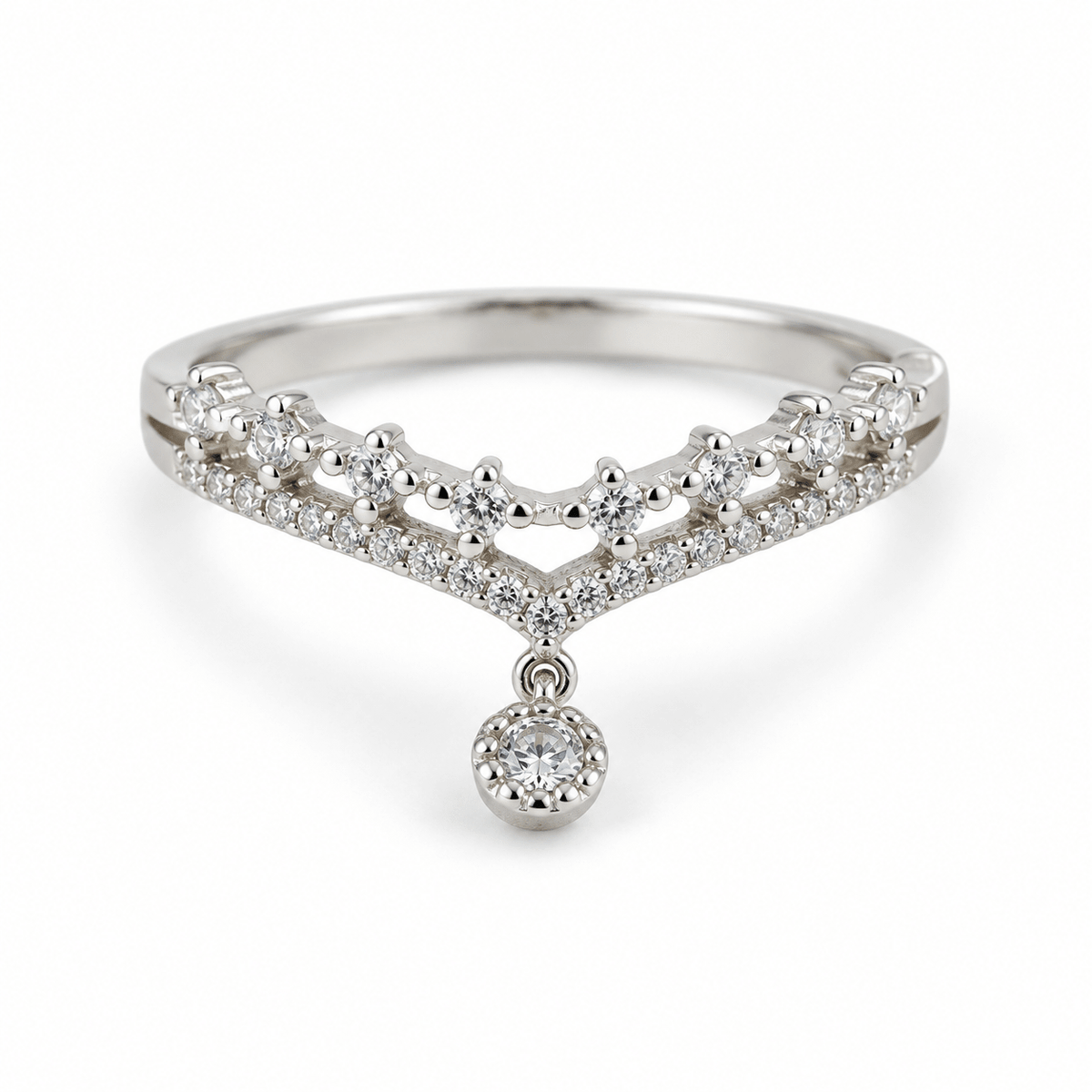 Silver-Tone Tiara Ring | 925 Silver Crown Ring with Pear-Cut Drop