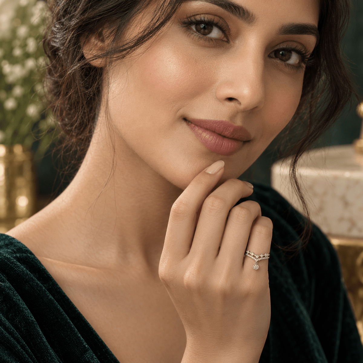A close-up lifestyle shot of a woman wearing a delicate Silver-Tone Tiara Ring | 925 Silver Crown Ring with Pear-Cut Drop