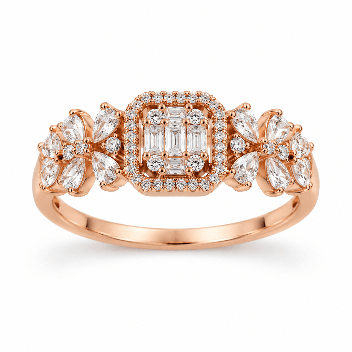 925 Silver Baguette Halo Ring | Rose Gold Statement Band by Miraura Jewels