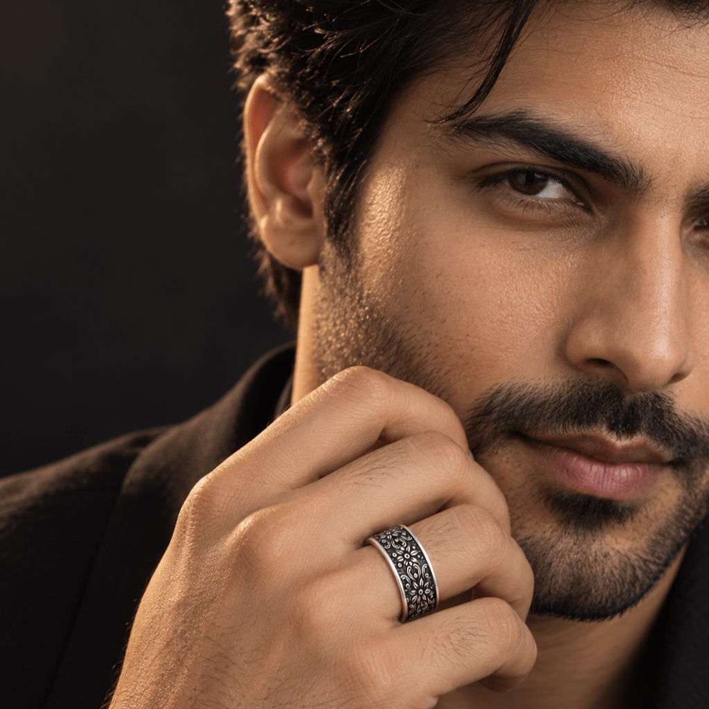 925 Silver Men's Vintage-Style Carved Band by Miraura Jewels.