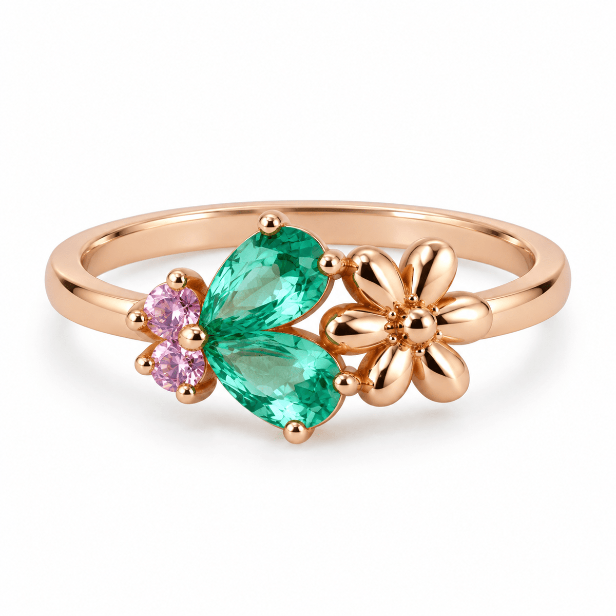 Rose Gold Green Stone Flower 925 Silver Ring by Miraura Jewels