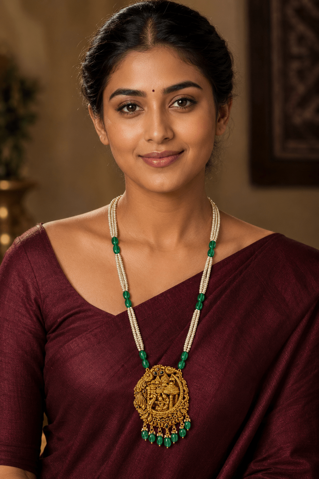 A woman wearing a maroon sari and a Radha Krishna Temple Jewelry Pendant | 925 Silver by Miraura Jewels.