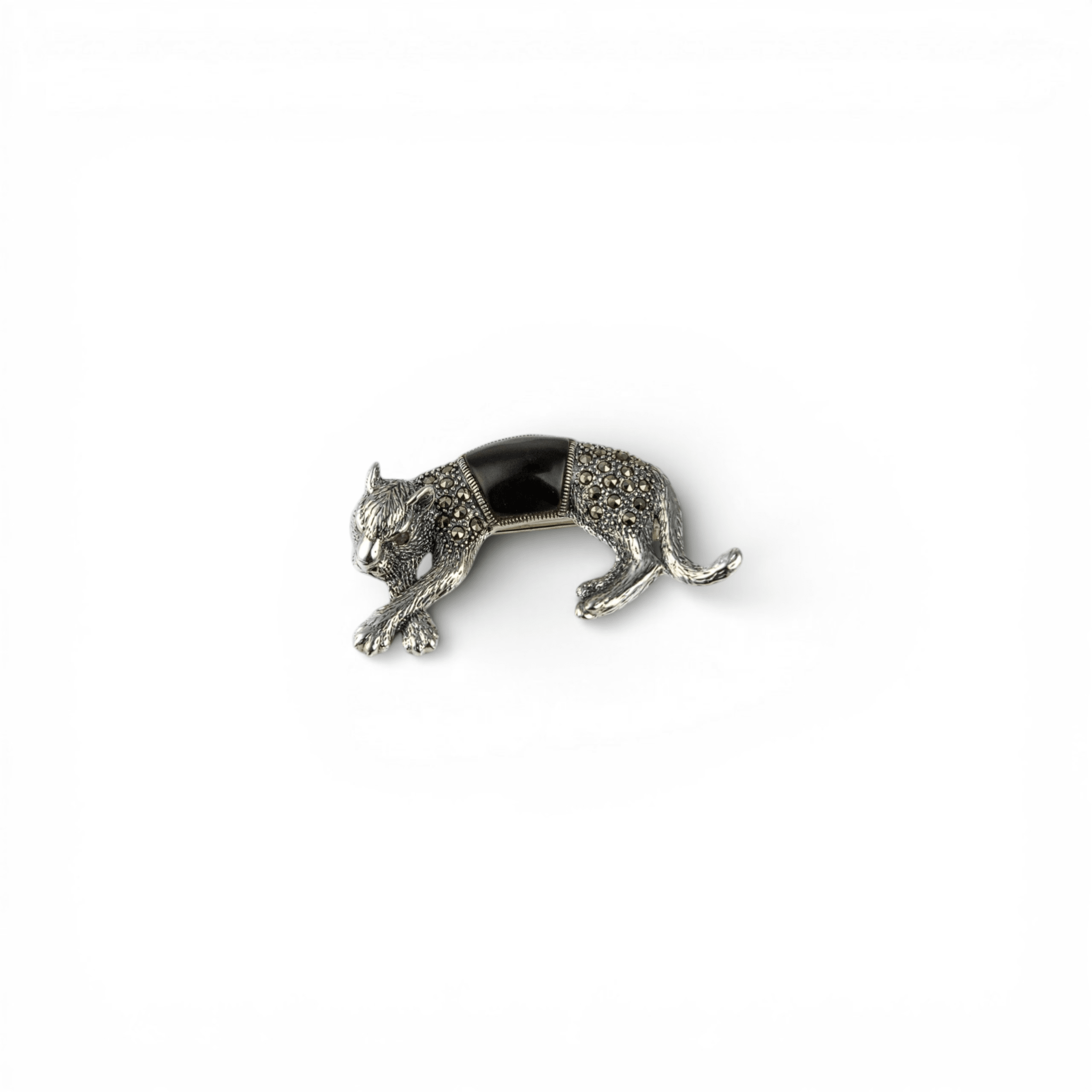 Black Onyx & Zircon Panther Silver Brooch - Miraura Jewels