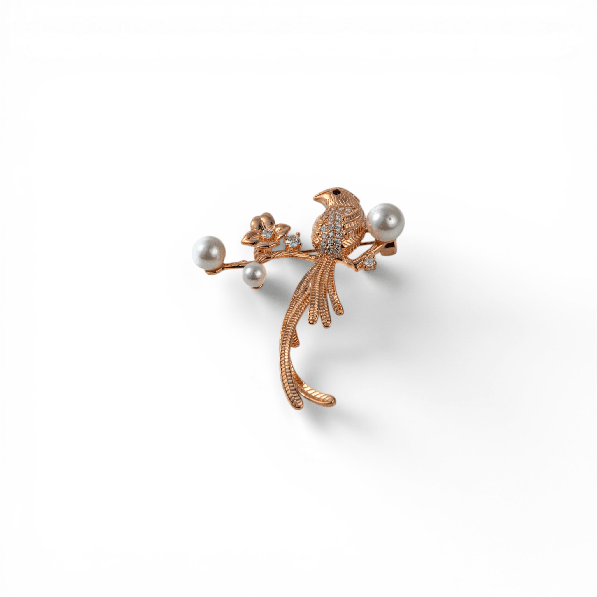 Rose Gold Bird & Pearl Floral Brooch - Miraura Jewels