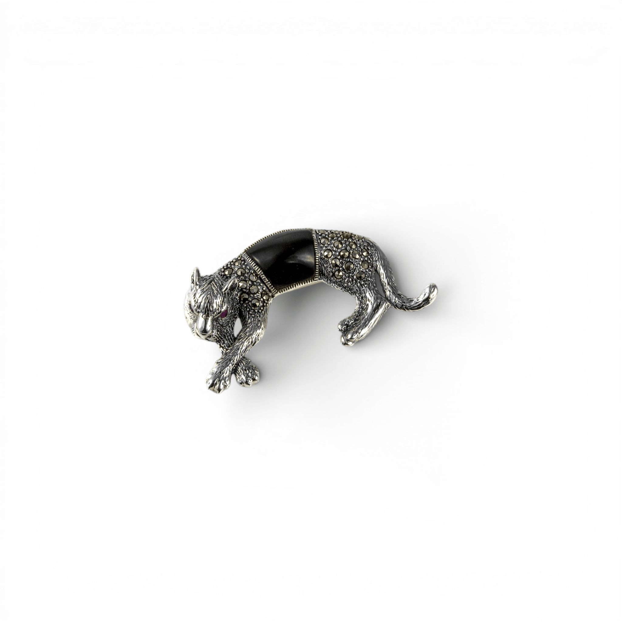 Black Onyx & Zircon Panther Silver Brooch - Miraura Jewels