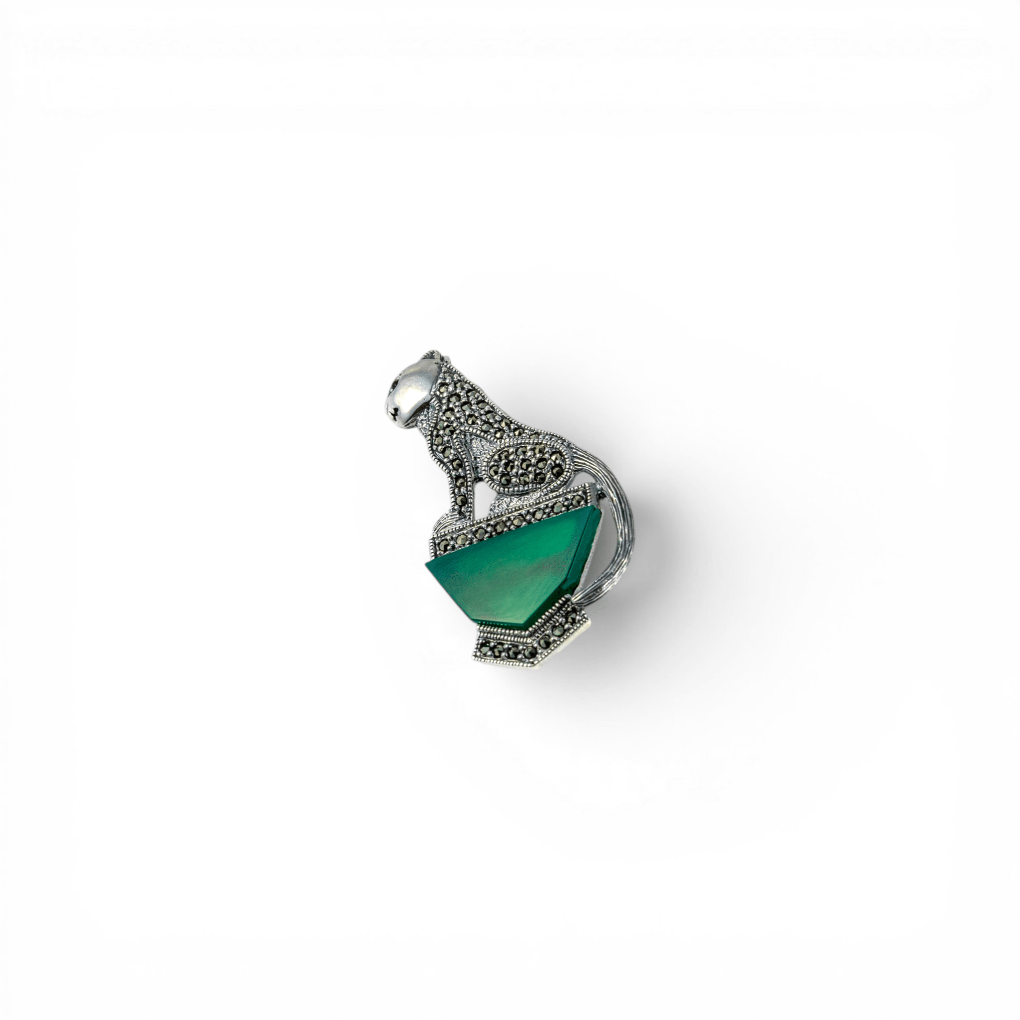Zircon Panther & Green Stone Silver Brooch - Miraura Jewels