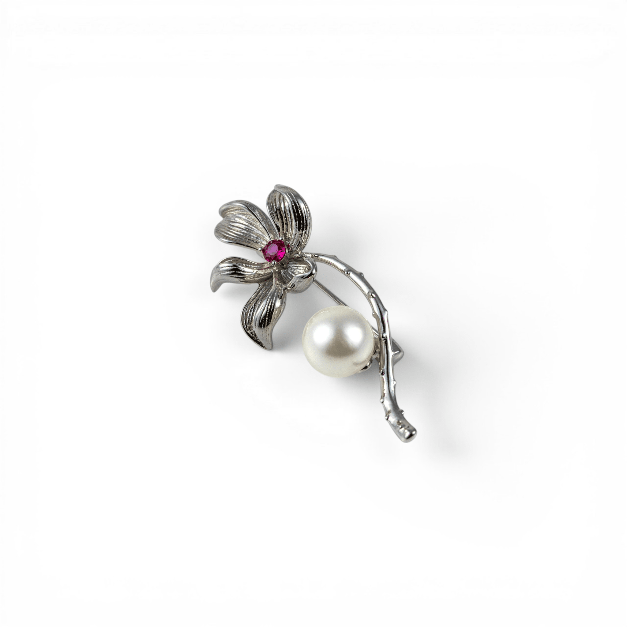 Ruby & Pearl Floral Silver Brooch - Miraura Jewels