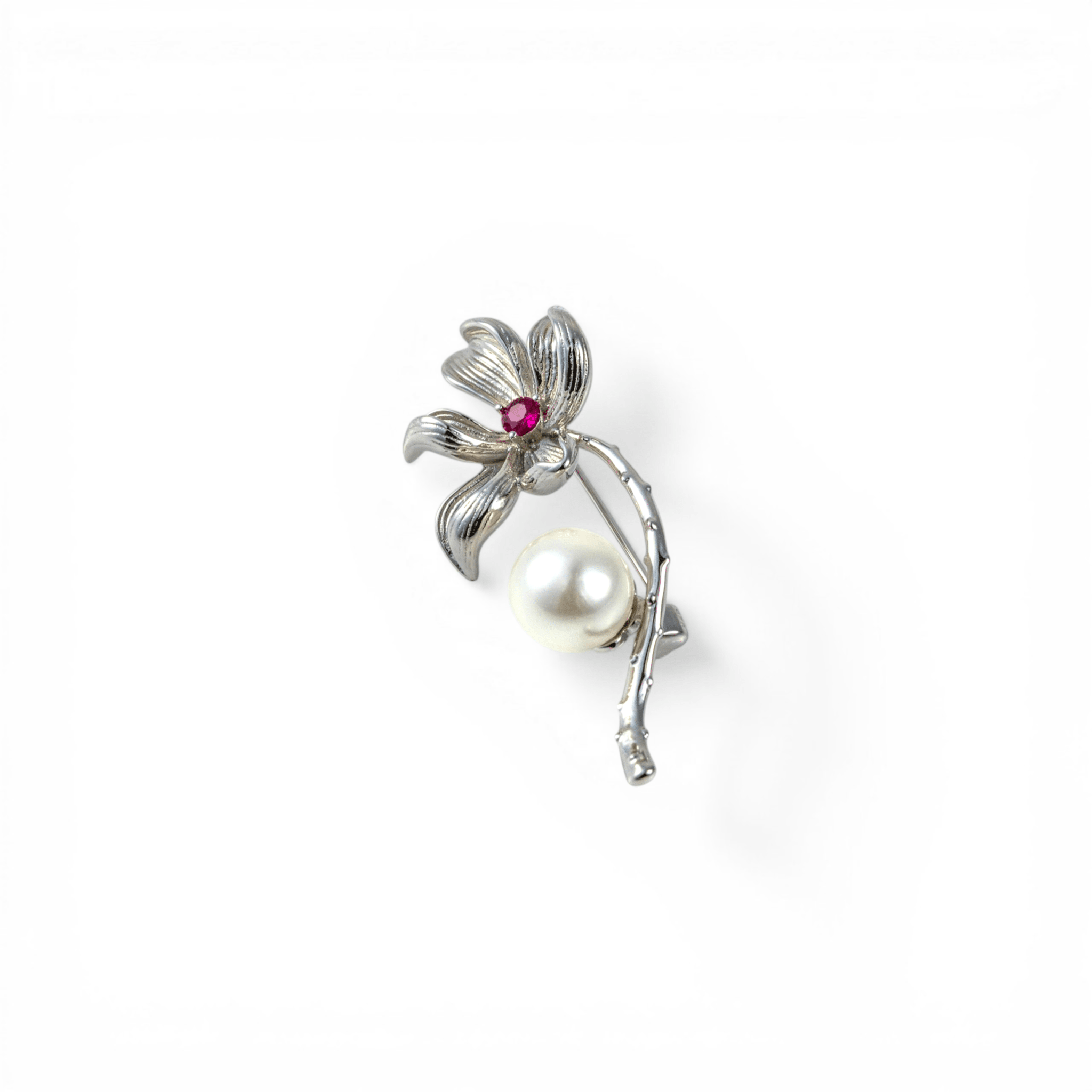 Ruby & Pearl Floral Silver Brooch - Miraura Jewels