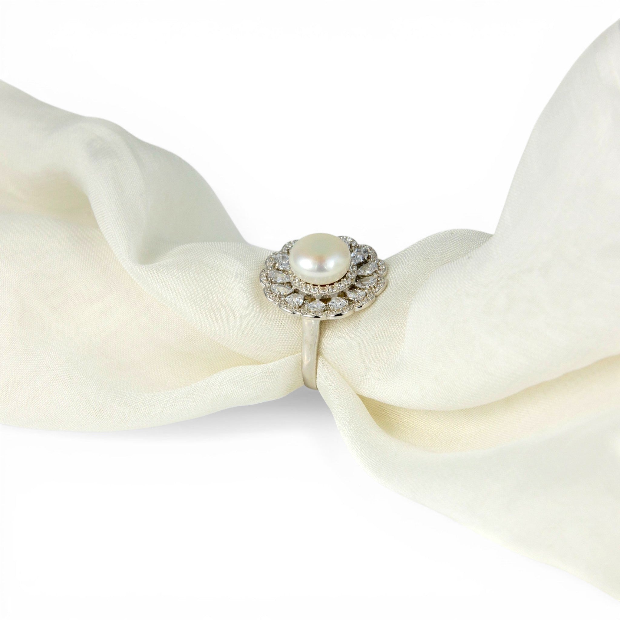 Pearl & Zircon Scalloped Floral Ring - Miraura Jewels
