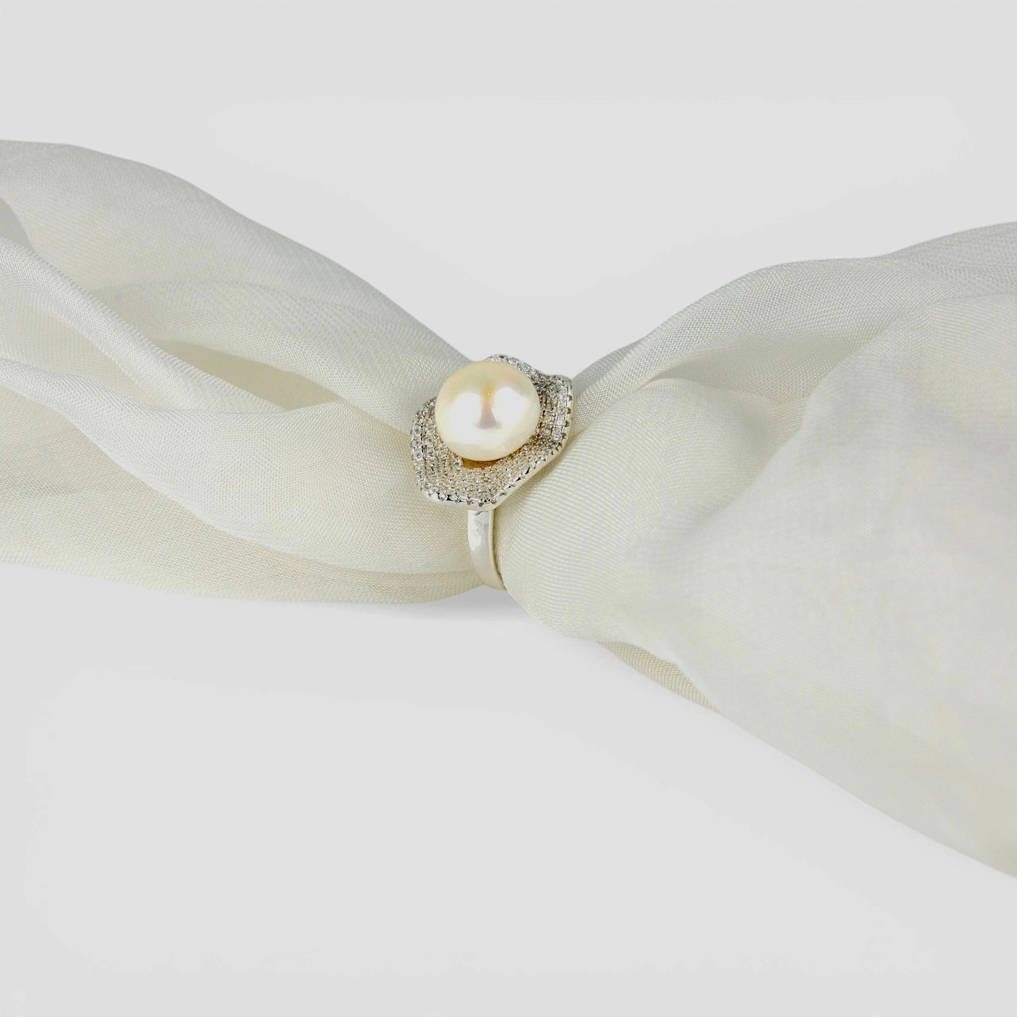 Pearl & Zircon Petal Halo Silver Ring - Miraura Jewels