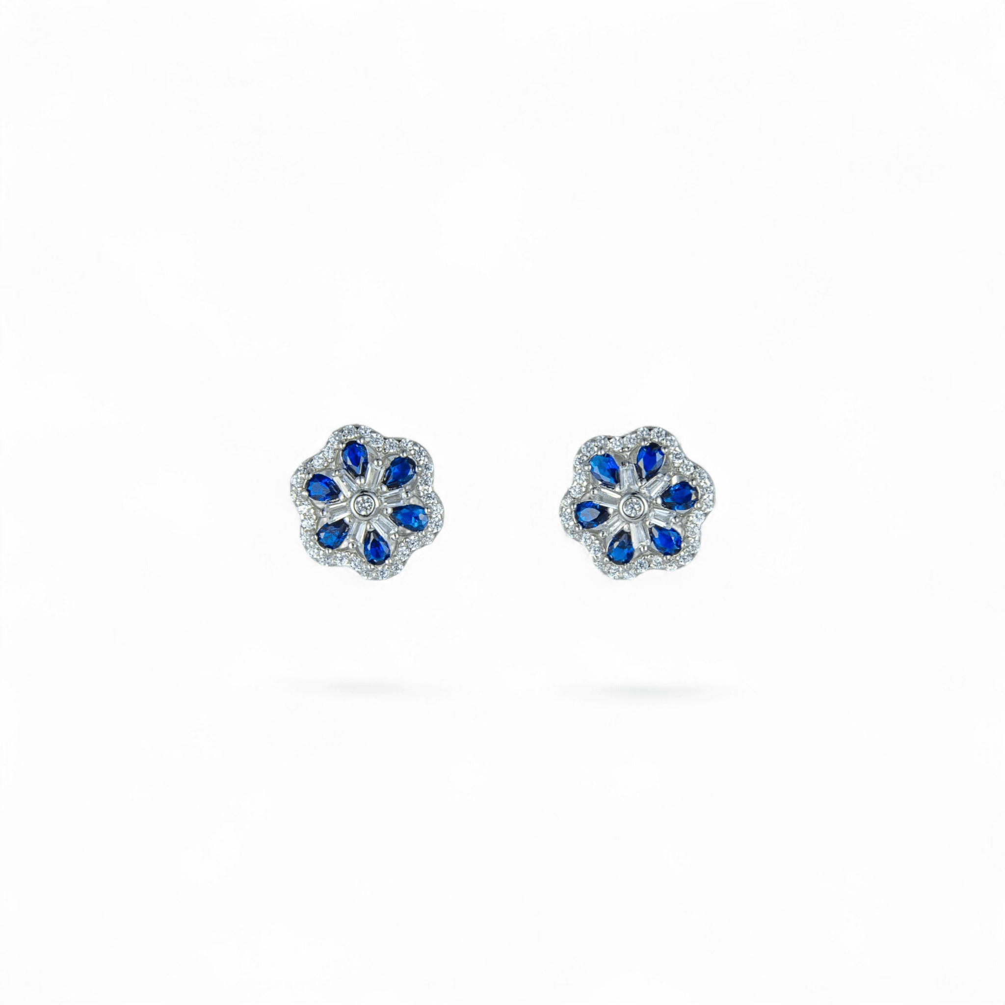 Sapphire Blue Floral Halo Stud Earrings | 925 Silver - Miraura Jewels
