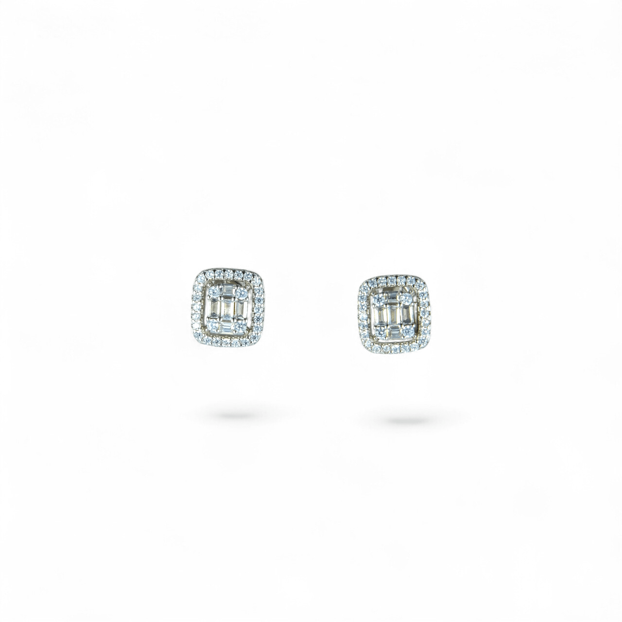 Silver Baguette Halo Square Stud Earrings | 925 Silver - Miraura Jewels