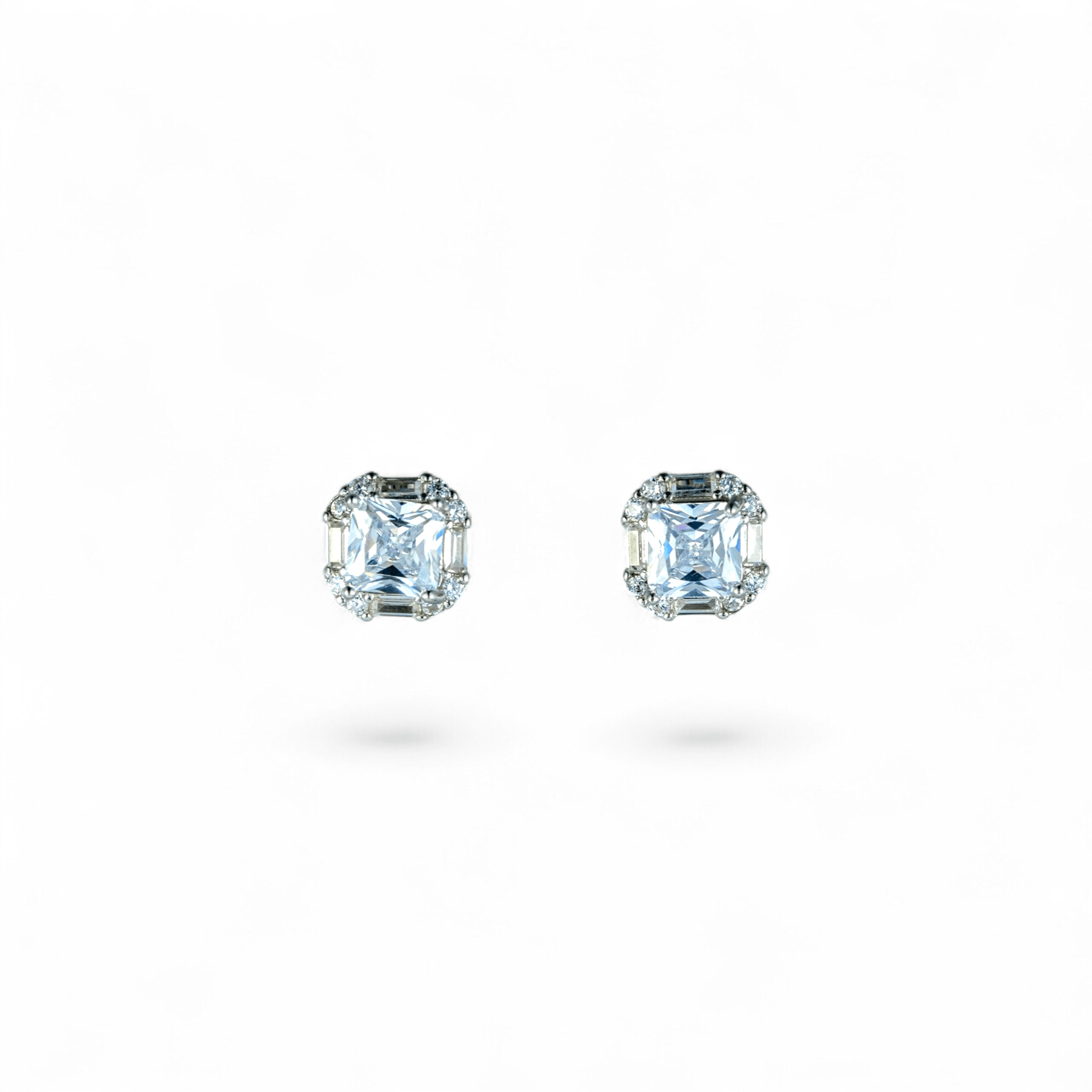 Princess - Cut Baguette Halo Studs | 925 Silver - Miraura Jewels