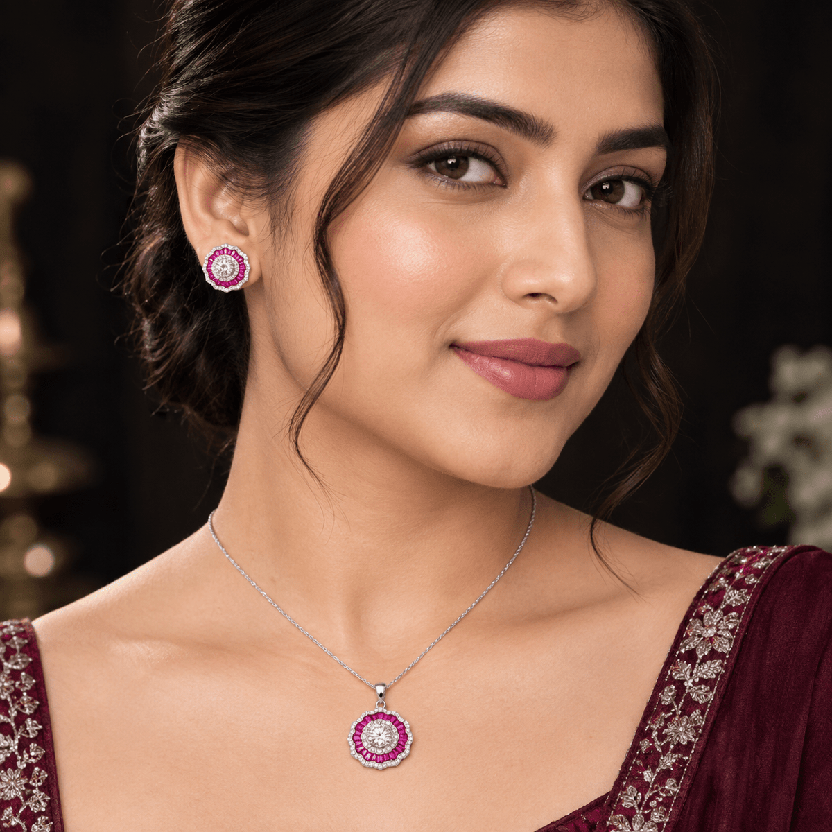 Beautiful girl wearing Ruby Zircon Halo Pendant & Stud Set by Miraura Jewels