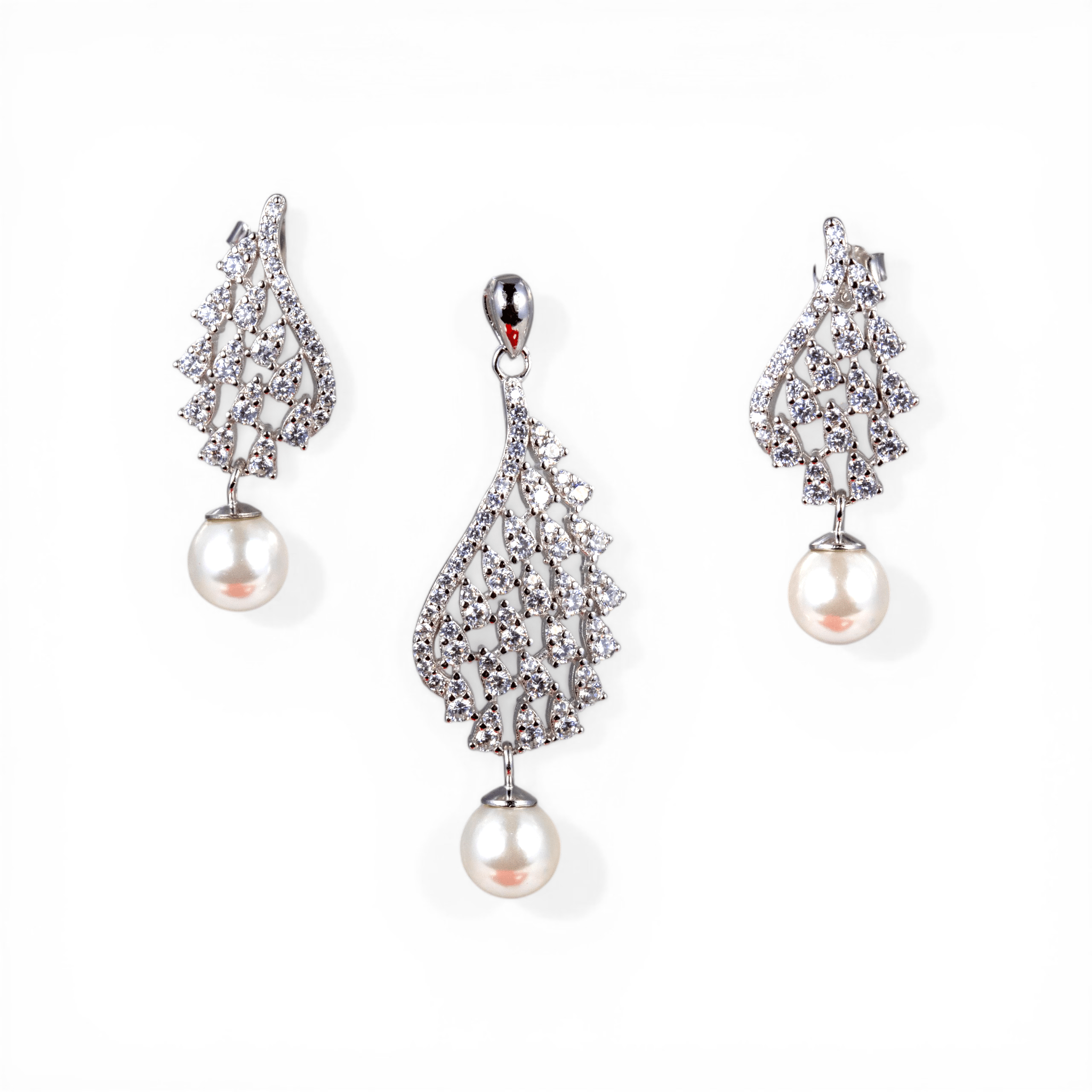 925 Silver Zircon & Pearl Leaf Pendant Set - Miraura Jewels