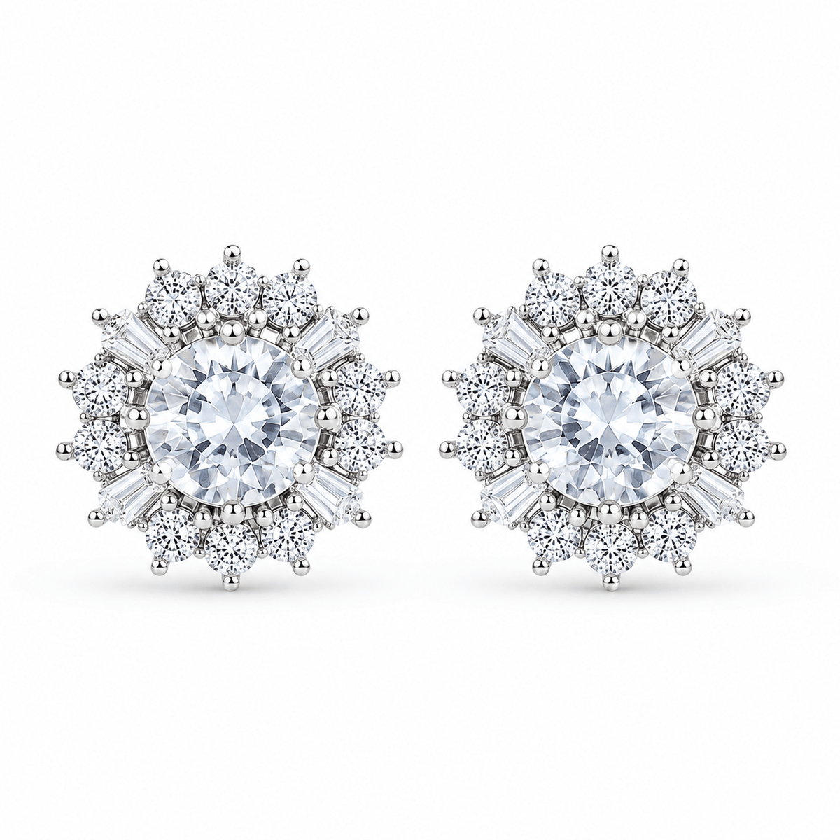 A pair of round-cut white zircon stud earrings, 925 Silver Sunburst Halo Stud Earrings by Miraura Jewels.
