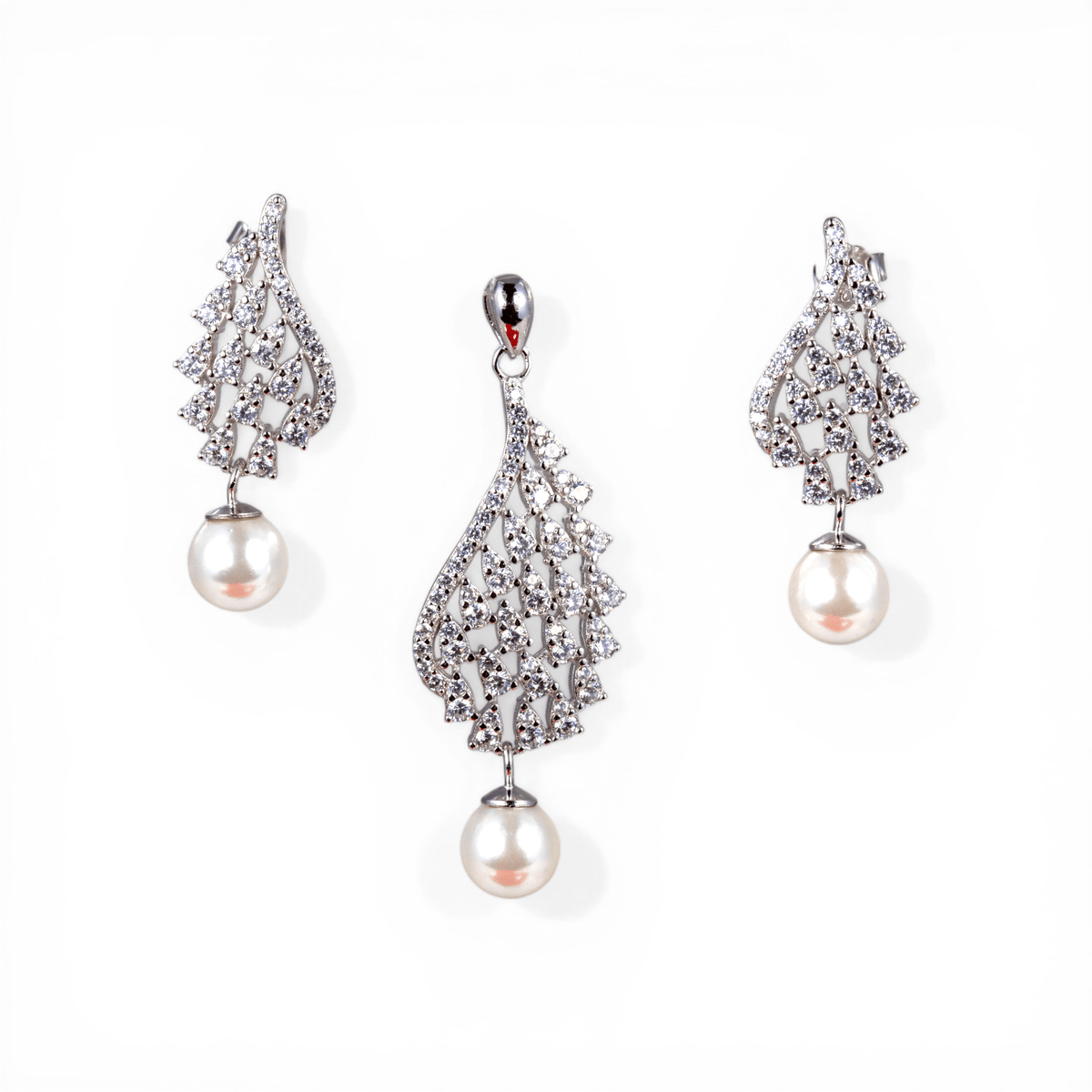 925 Silver Zircon & Pearl Leaf Pendant Set - Miraura Jewels