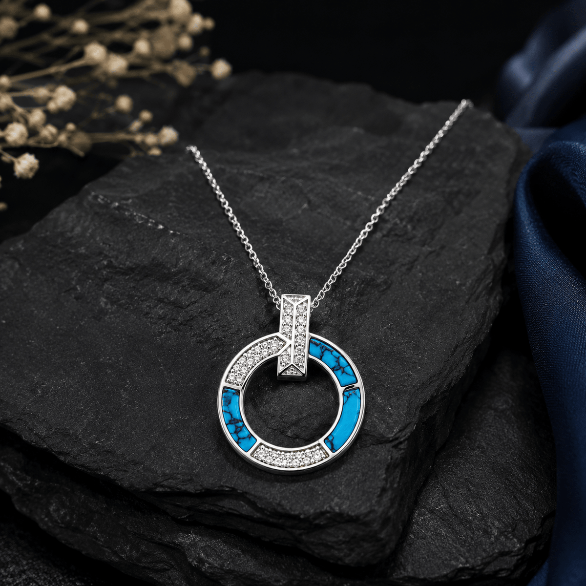 Miraura Turquoise & White Crystal Inlay Silver Pendant - Miraura Jewels
