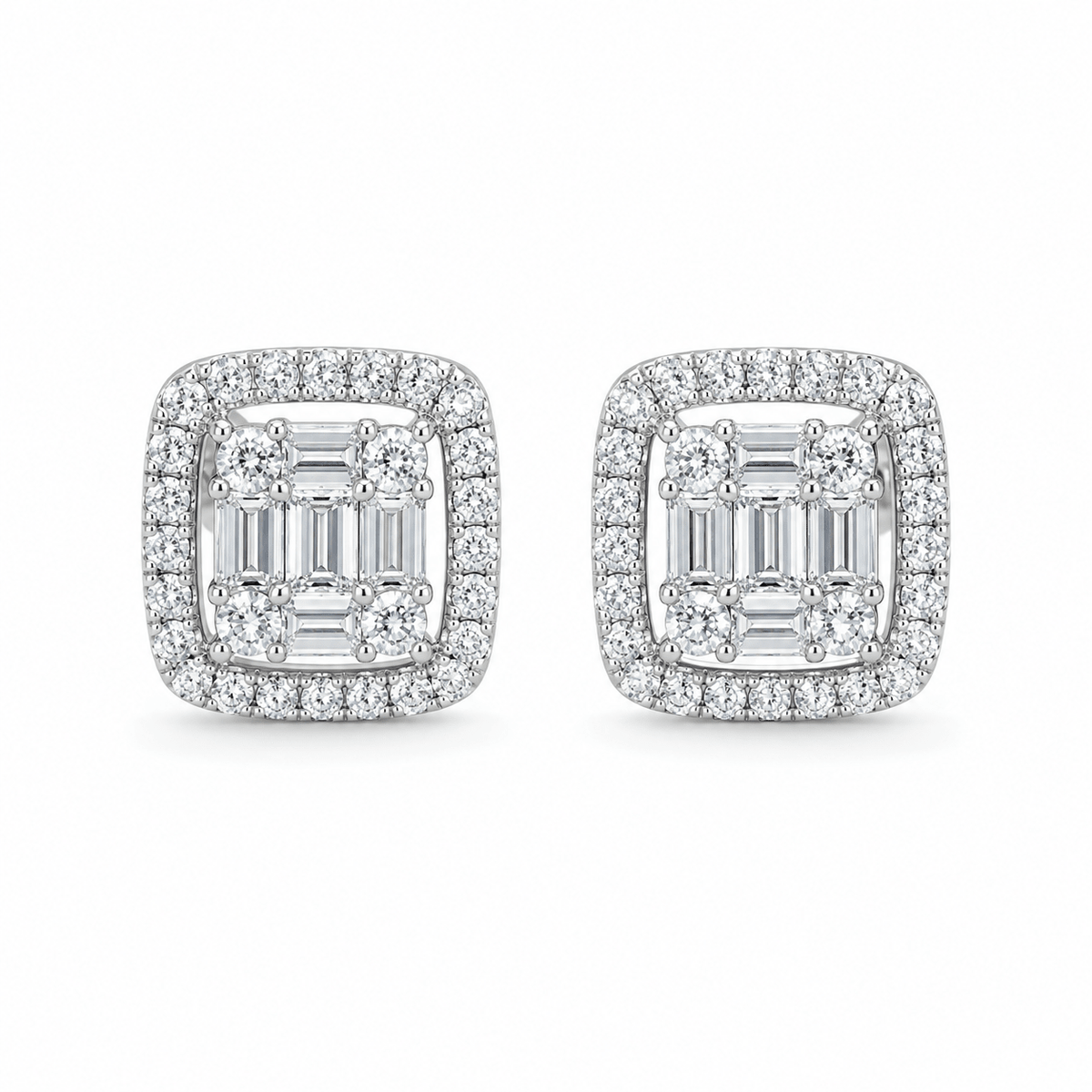 Silver Baguette Halo Square Studs - Miraura Jewels