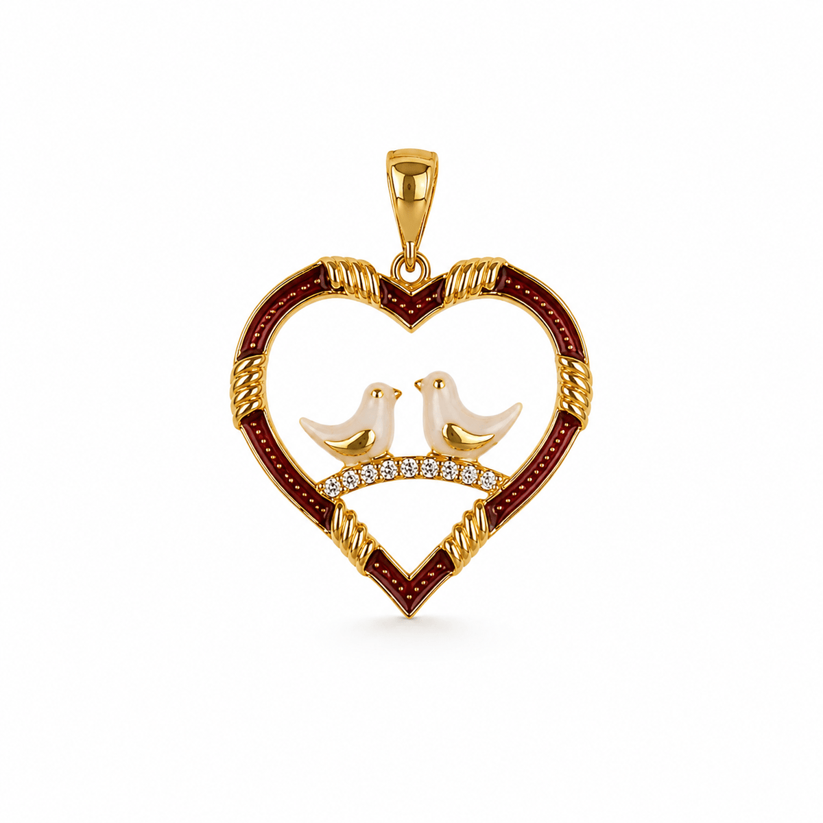 A 925 Silver Love Birds Heart Pendant  in yellow gold with a deep red enamel border, featuring two small gold birds perched on a branch set with clear stones.