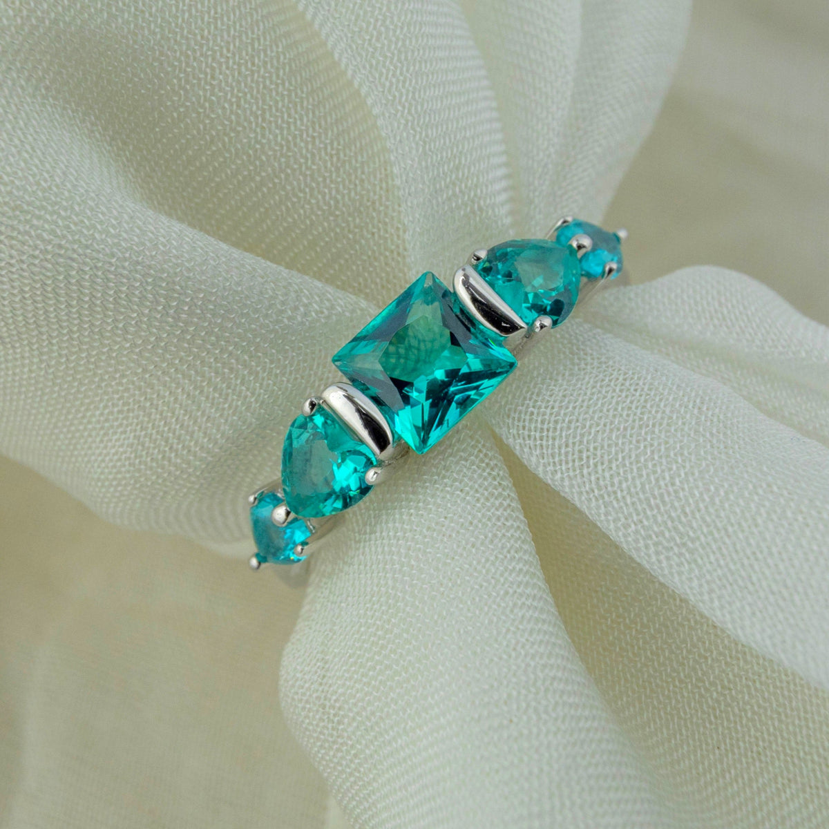 925 Sterling Silver Five-Stone Sea Blue CZ Ring by Miraura Jewels