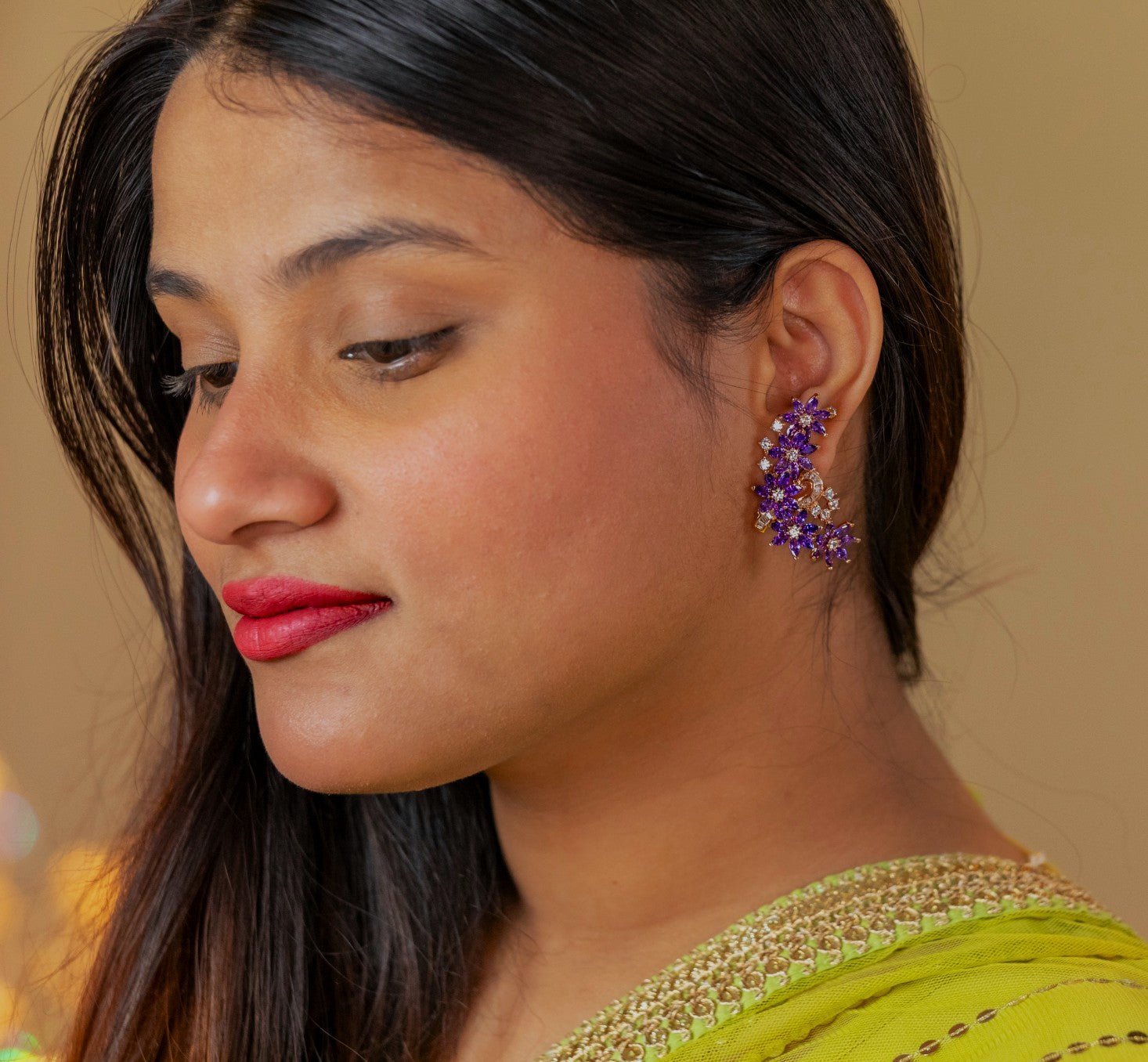 Rose Gold Purple Floral Ear Climbers - Miraura Jewels