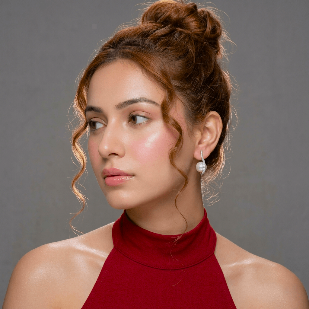 Woman wearing a Pavé Pearl Orbit Earrings | 925 Silver by Miraura Jewels