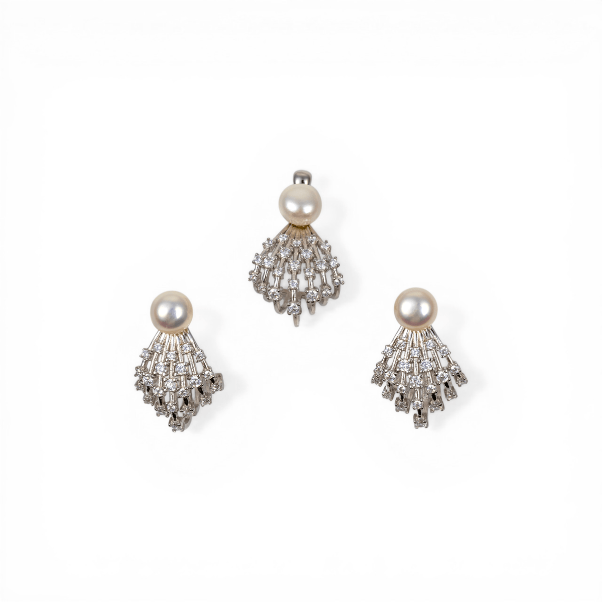 Pearl & Zircon Fan Pendant Stud Set - Miraura Jewels