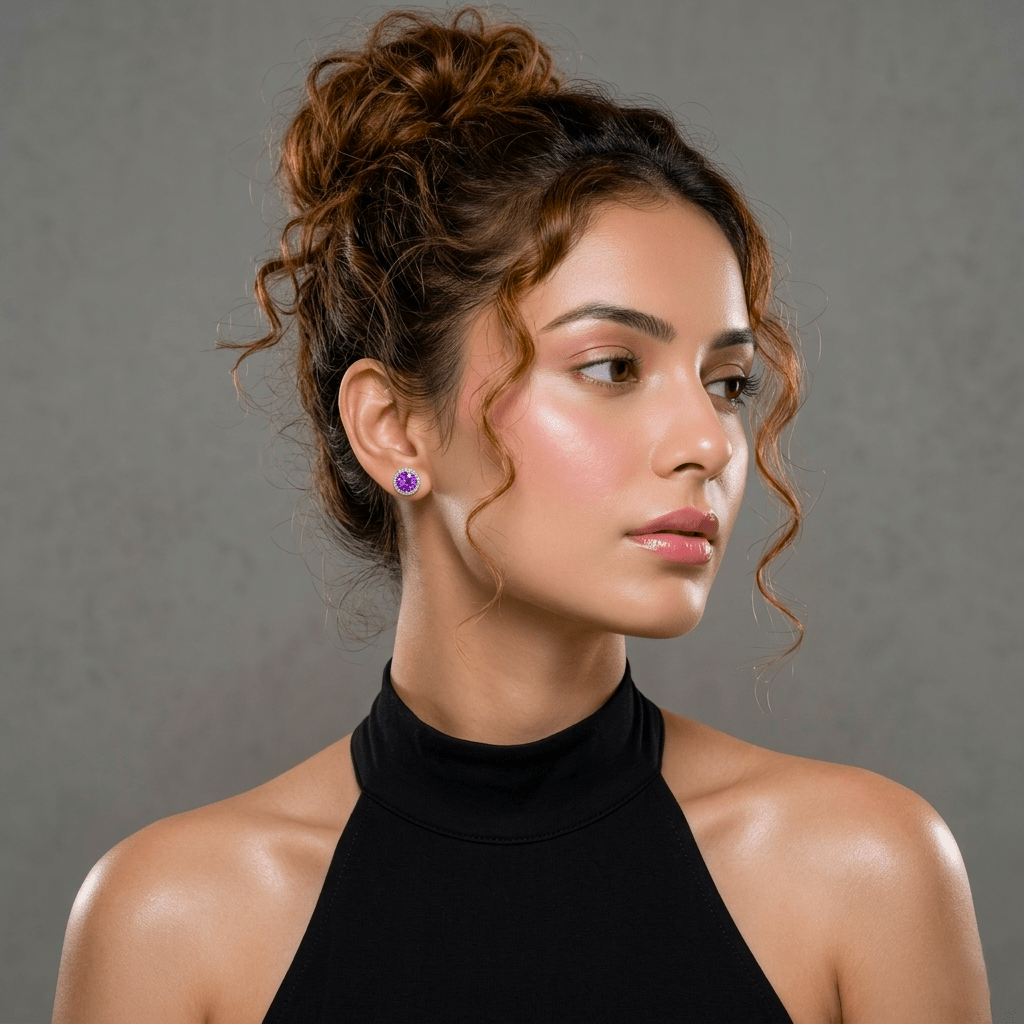 Woman wearing a Radiant Amethyst Zircon Halo Studs by Miraura Jewels
