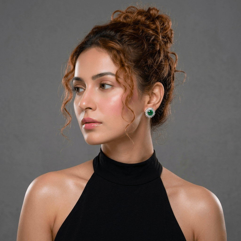 Woman wearing a Radiant Emerald & Zircon Halo Studs by Miraura Jewels