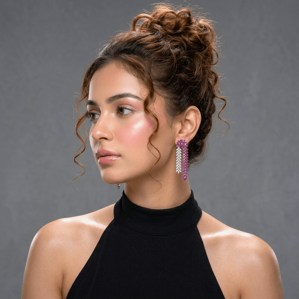 Beautiful Woman wearing a black dress and Radiant Ruby & Zircon Cascading Fringe Earrings by Miraura Jewels. 