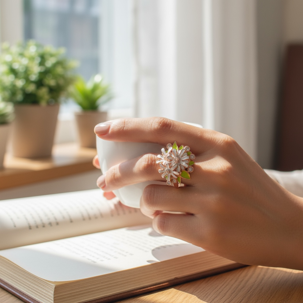 Miraura's Rose Gold Enamel Flower Cocktail Ring worn by a female 