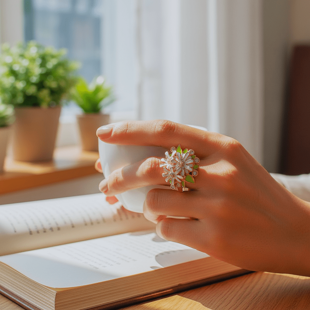 ₹Miraura's Rose Gold Enamel Flower Cocktail Ring worn by a female