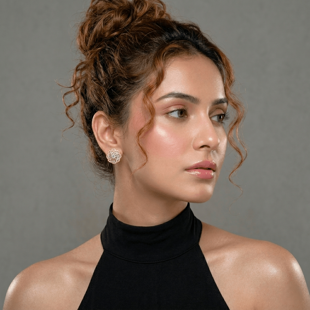 Woman wearing Rose Gold Floral Bloom Zircon Studs - Miraura Jewels