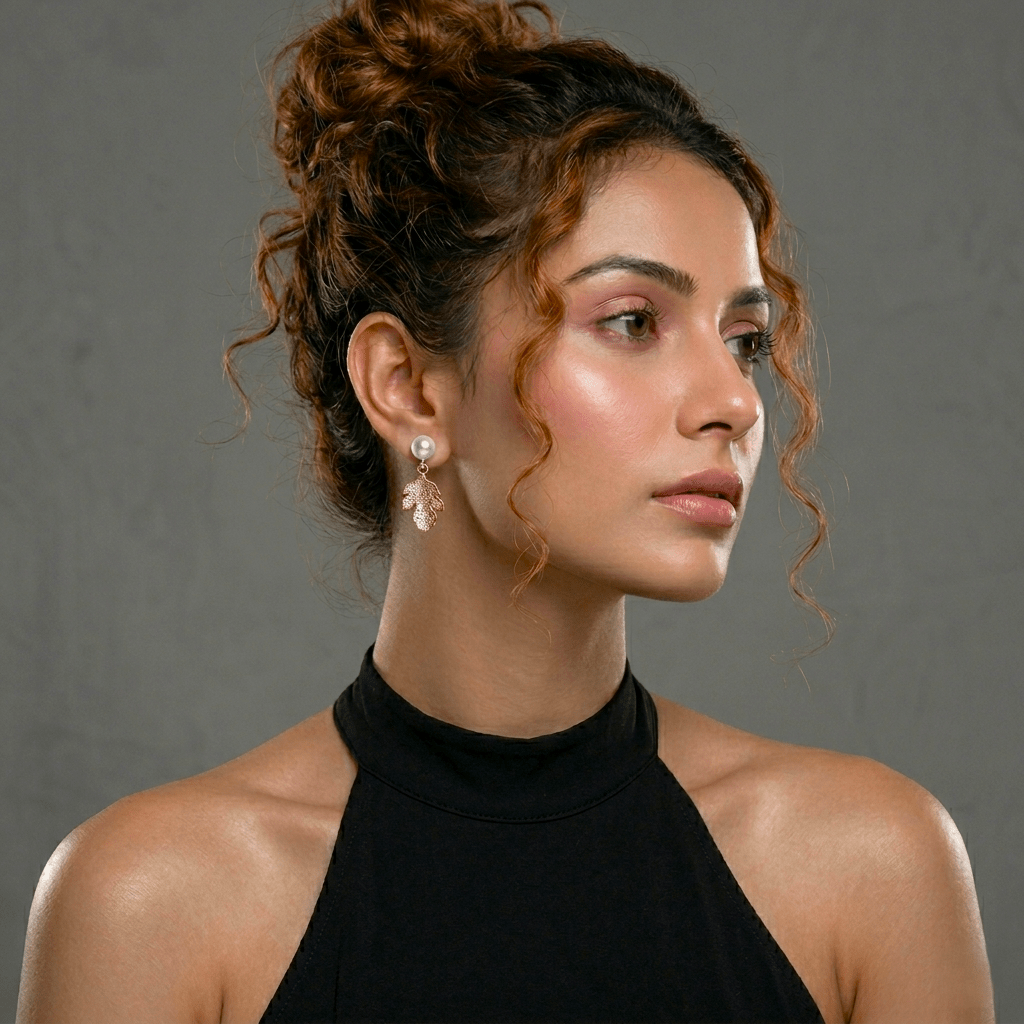 Woman wearing Rose Gold Pavé Flower Stud Earrings | 925 Silver - Miraura Jewels