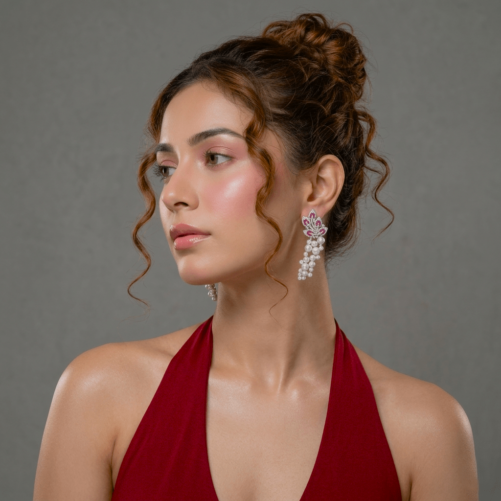Woman wearing a red halter top with elegant Rose Gold Pavé Pearl Arc Earrings | 925 Silver by Miraura Jewels.