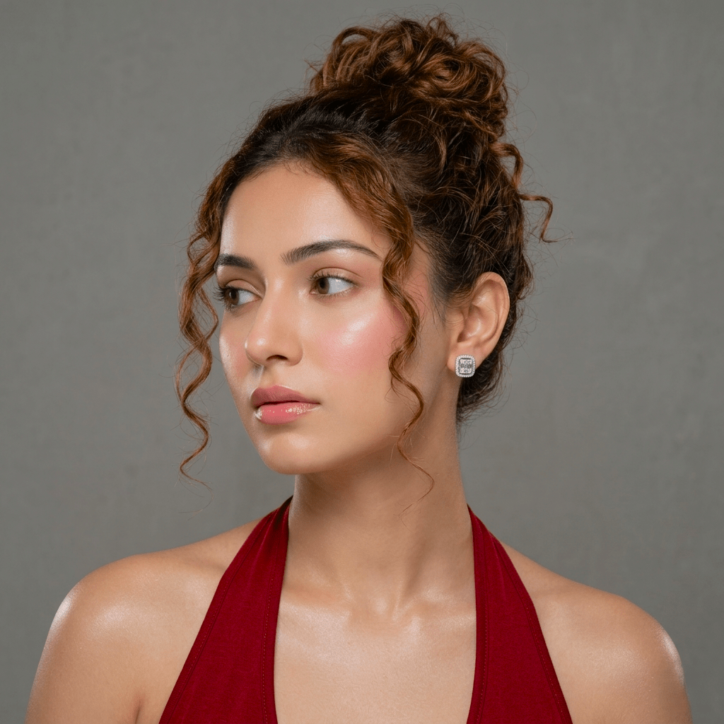 Beautiful Model wearing a Silver Baguette Halo Square Stud Earrings | 925 Silver by Miraura Jewels