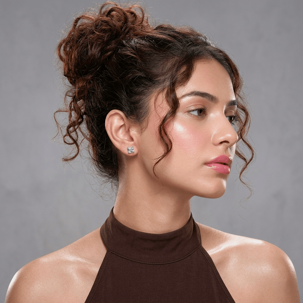 Beautiful Model wearing Silver Princess - Cut Solitaire Studs | 925 Silver by Miraura Jewels