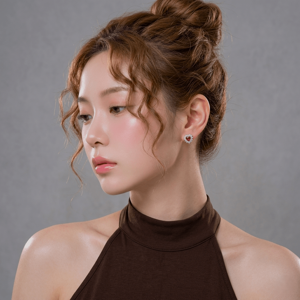 Woman wearing a brown high-neck top & Silver Ruby Heart Halo Stud Earrings | 925 Silver by Miraura Jewels.