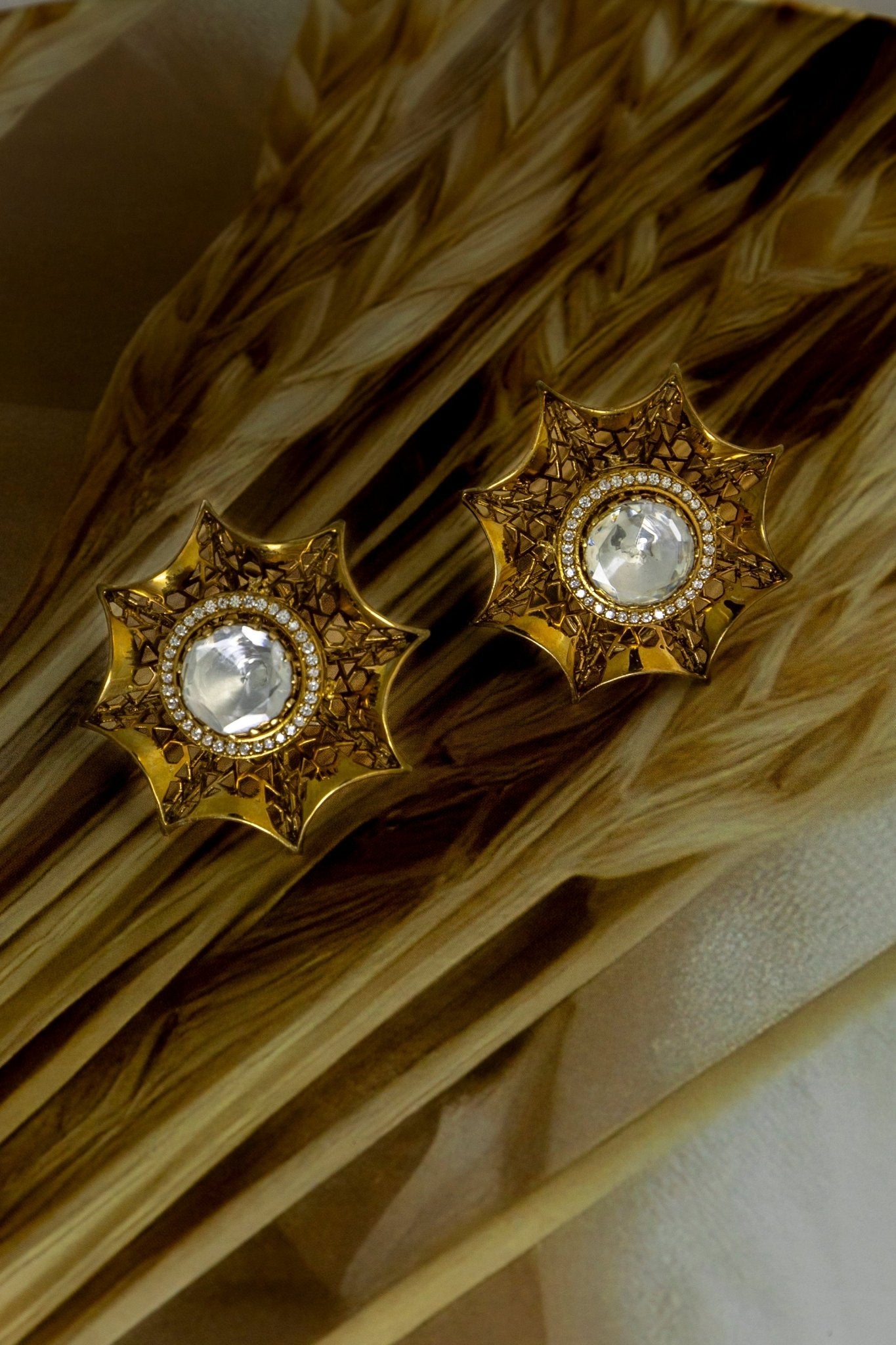 Antique Gold Starburst Moissanite Polki Stud Earrings - Miraura Jewels