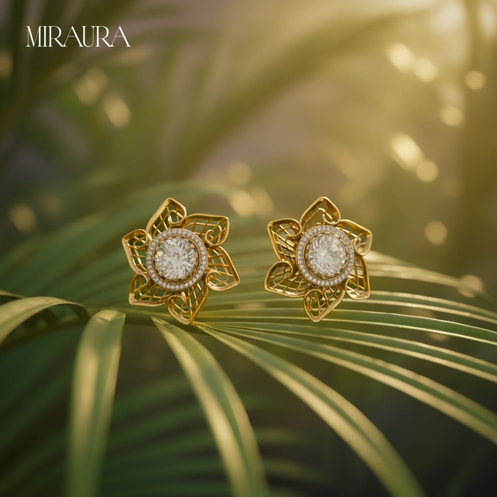 Antique Gold Starburst Moissanite Polki Stud Earrings - Miraura Jewels