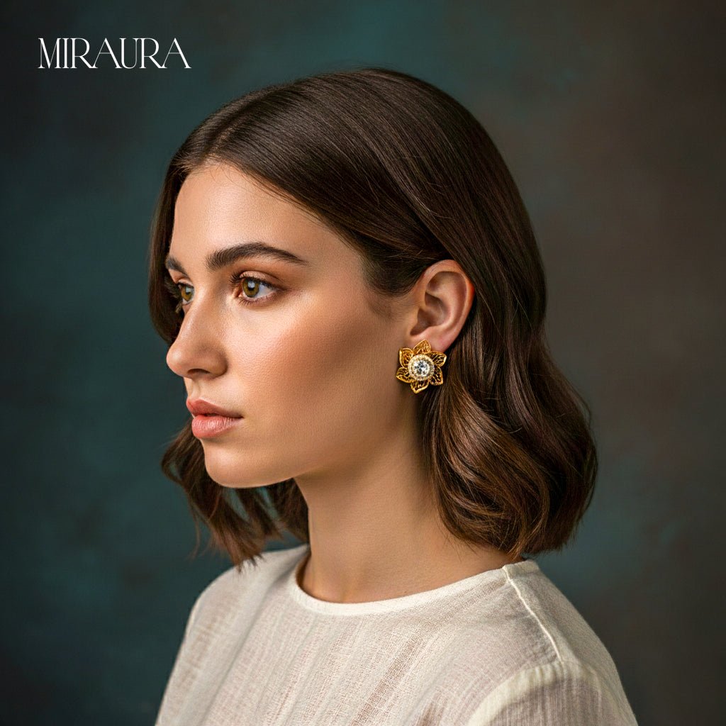 Antique Gold Starburst Moissanite Polki Stud Earrings - Miraura Jewels