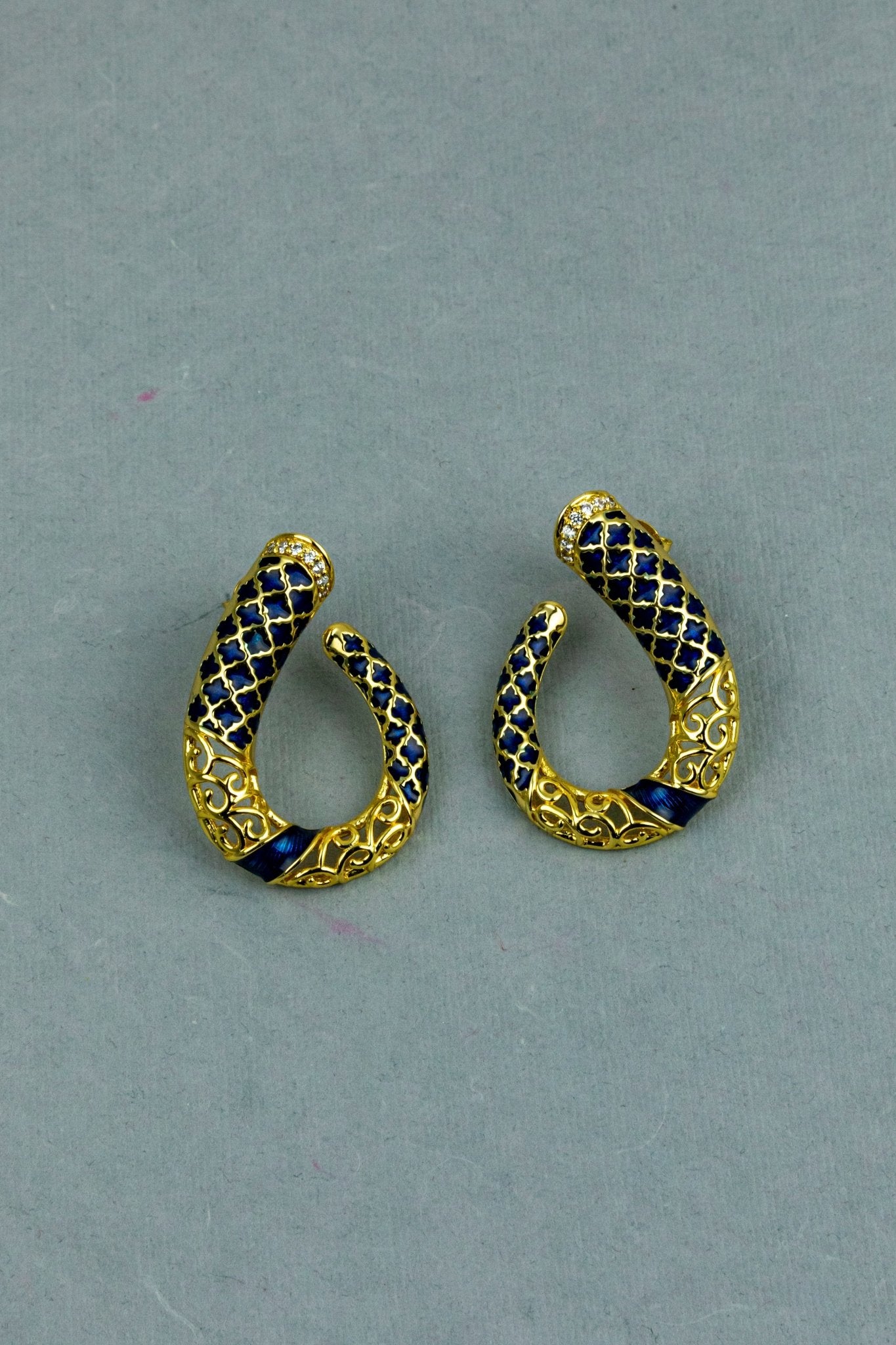 Blue Enamel & Gold Filigree Hoop Earrings - Miraura Jewels