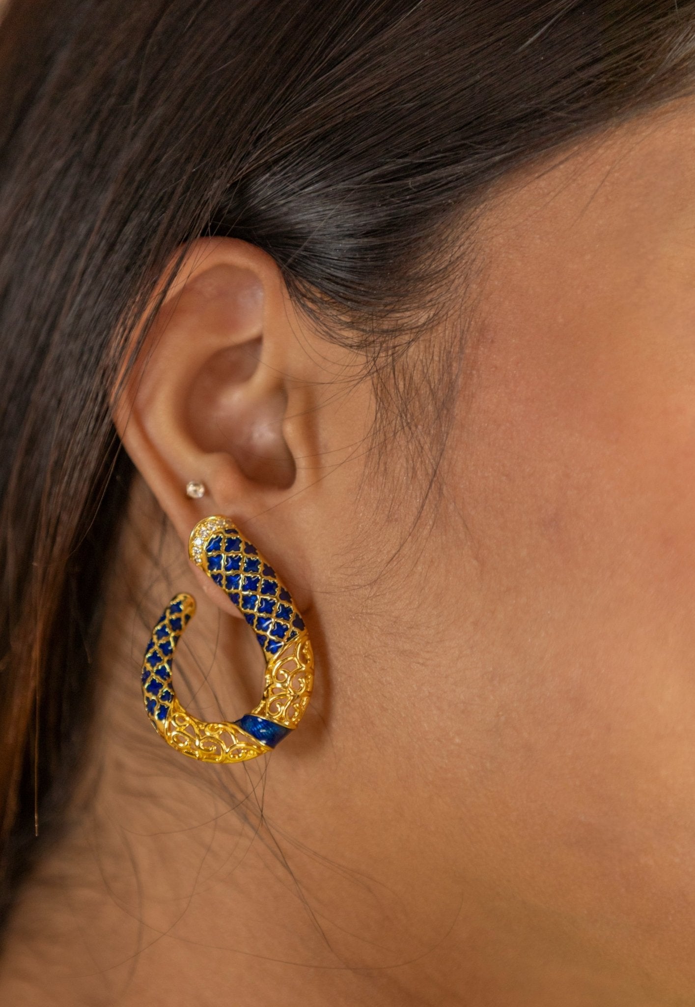 Blue Enamel & Gold Filigree Hoop Earrings - Miraura Jewels