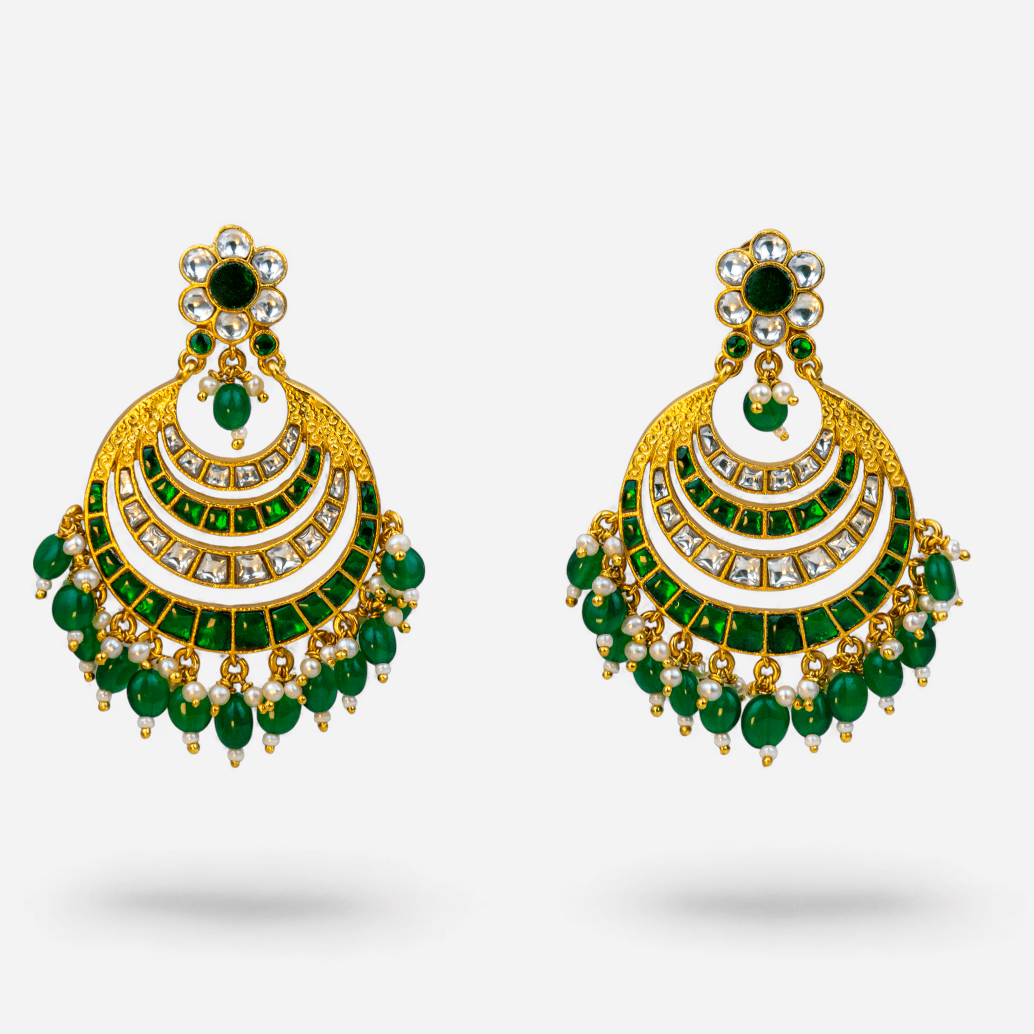 Emerald Green & Gold Kundan - Style Chandbali Earrings - Miraura Jewels